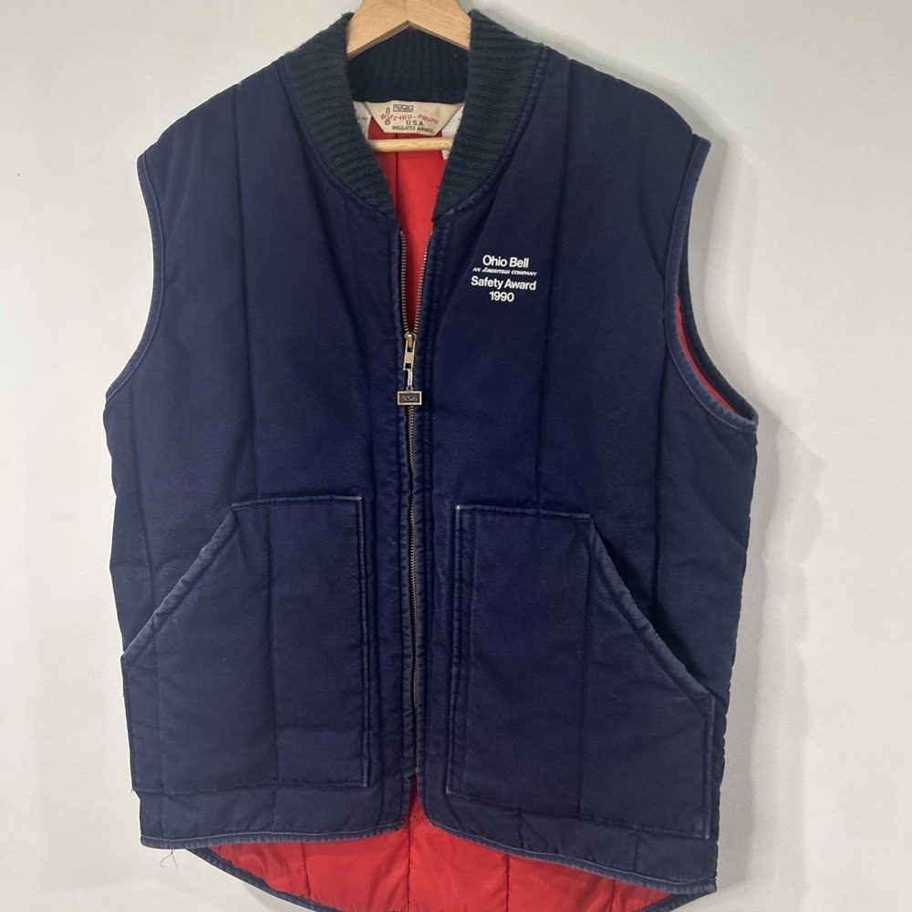 VTG Walls Blizzard Pruf Blue/Red Embroidered vest "Ohio Bell"Mens L Reg Quilted